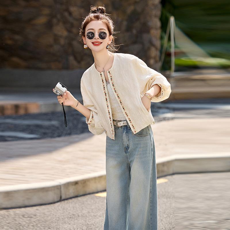 外套女205春季新款女装订珠设计龄WN1002-0亚麻圆领百搭减上W衣 N