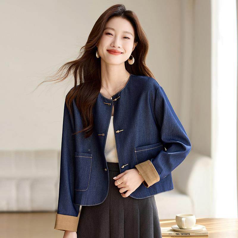 新中式色外SH050-020套女2盘25春秋款气质优雅圆领扣拼短款上衣 S