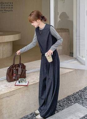 穿灰色气甲质马阔腿裤C075-670装女秋季新款韩系搭松弛感套三件套