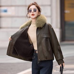 女式秋皮衣冬LPN季新款大毛领加绒加厚休夹闲皮克外套女