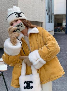 黄色羊毛拼接羽小绒外服女个子冬季新款韩版B189-881加厚白羔鸭绒