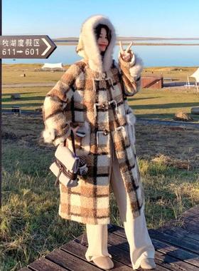 领棕黄色宽复古格纹大毛连帽松b260-50毛呢大衣女冬季保暖中长款