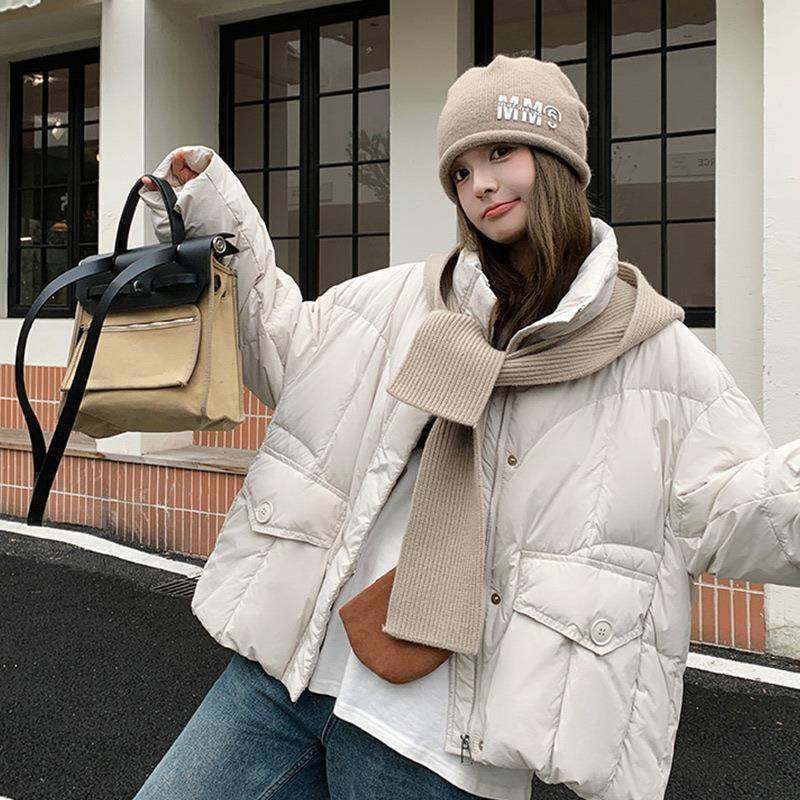 加米白围色巾款羽绒服女ZZB157短款冬减新款厚龄设计感白鸭绒面包