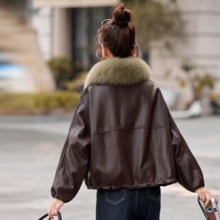 大ZYING897毛领皮衣感女款短款年冬季新宽松加绒高加厚百搭级皮外