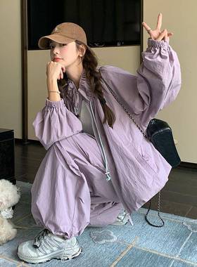 慵懒风ZZB191A紫色抽绳女新设计冲锋衣套装裤年秋季款时休闲两尚