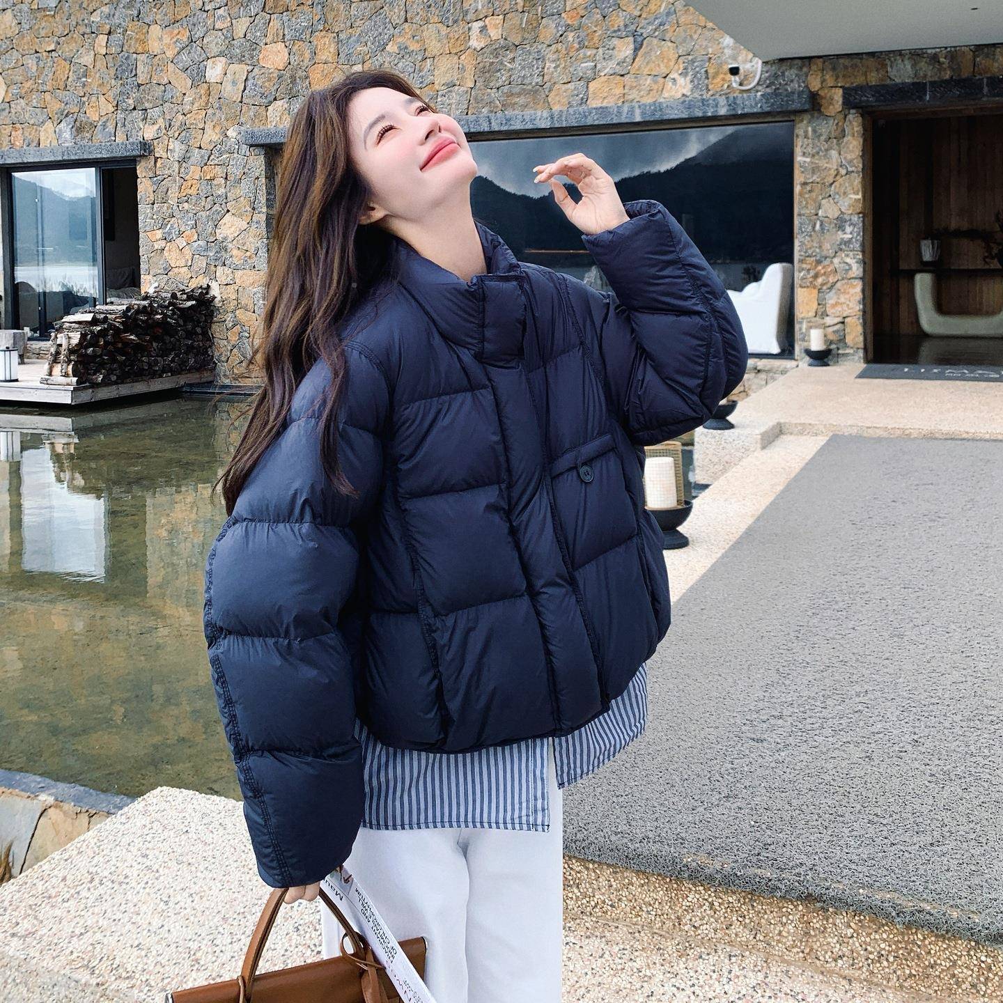 小个子短款冬条纹拼厚羽绒服女季新款设接C75-251计感白鸭绒加外