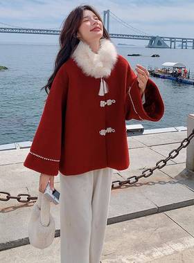 中式D078-W67国风红色大毛领毛夹棉柔呢外套女富家千金感洋气新温