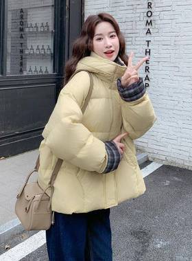 黄色格纹连帽羽服女年冬新C27-991绒款季时尚保暖韩系百搭鸭绒外