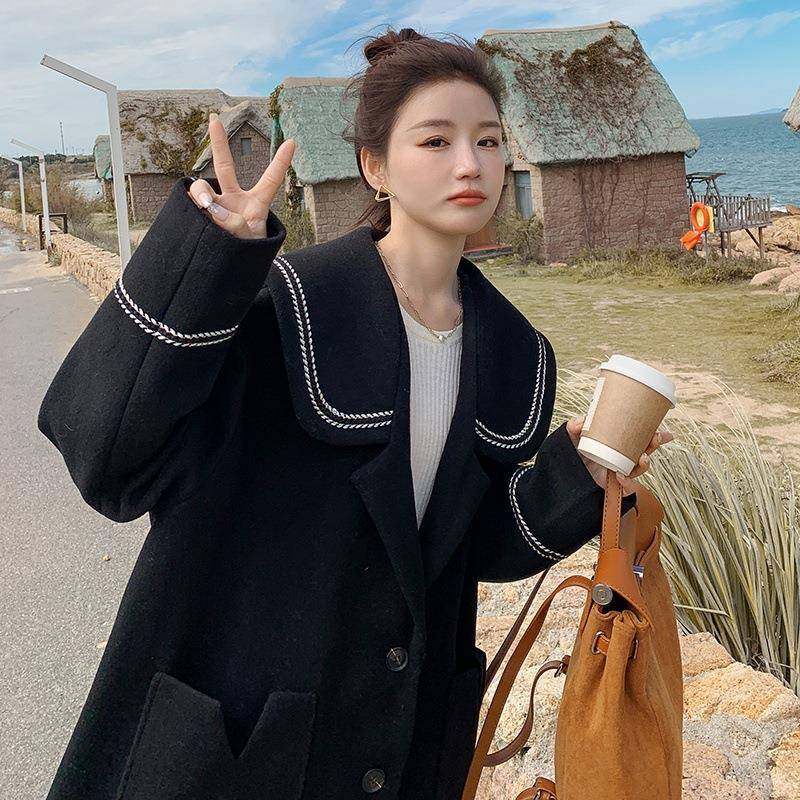 黑色军领毛呢外套女小个子冬宽新款版松加韩B100-20厚学生呢子海