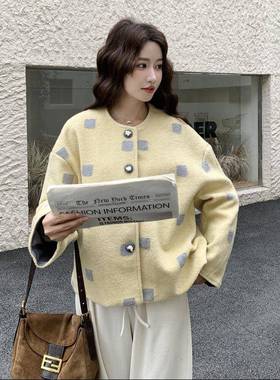 黄色碎花短款款呢外套女秋冬c117-170新款爆流行巨好看大衣小毛个