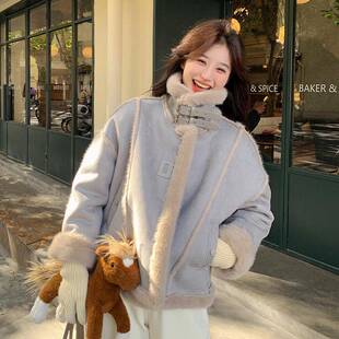 浅蓝色仿皮毛一体羊羔外套女短绒加厚款保暖小个加子羊毛羔C2-Y61