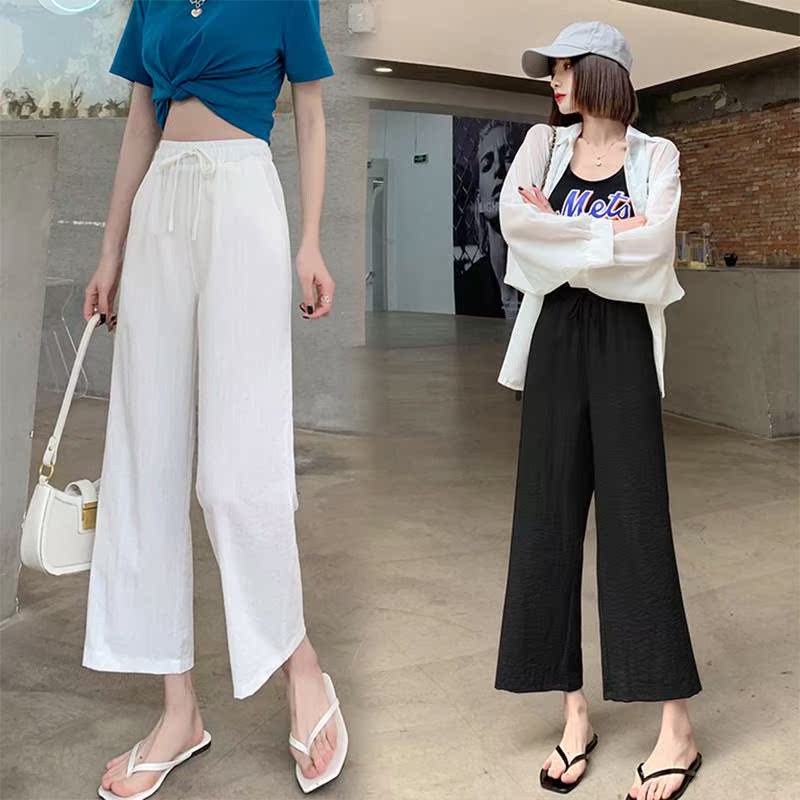 亚麻阔腿裤女高腰白色九分裤春夏宽松小个子棉麻直筒