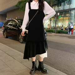 Real shot real price design feeling fake two pieces inside and outside wearing medium length black and white splicing suspender dress