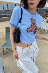 Real price Blue Bear contrast color matching short open navel sweet spicy round neck short sleeve T-shirt