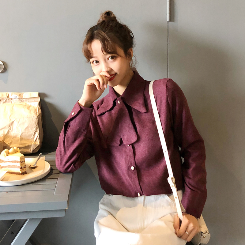Real-price bowknot retro corduroy long-sleeved shirt