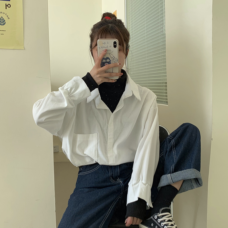 Real shot real price fake two pieces of long sleeve shirt with high collar