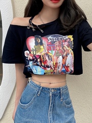 Off the shoulder fun print loose short sleeve T-shirt