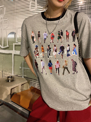 Real price design sense contrast round neck figure print short sleeve loose top T-shirt