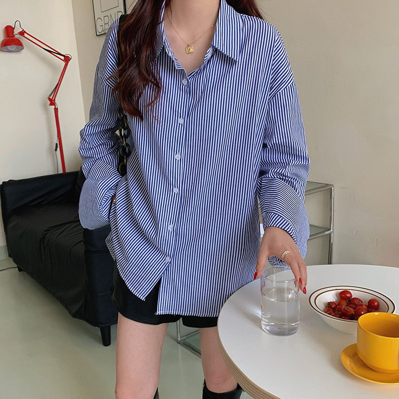 Real price Lapel loose BF silhouette blue stripe Long Sleeve Shirt