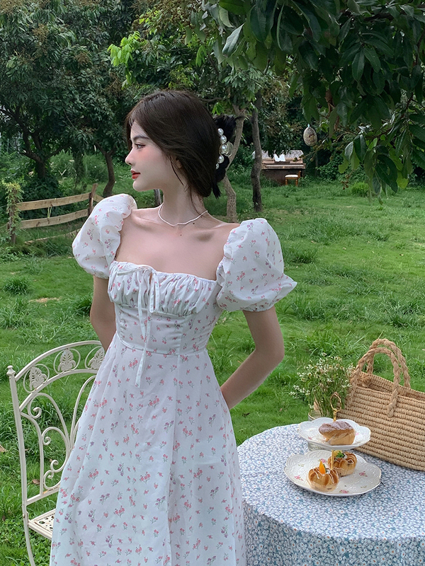 Real price square neck open back print princess sleeve slit medium length dress