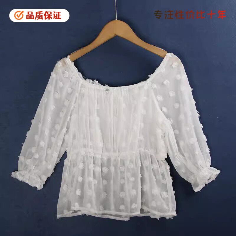 235花边衬衫 夏季套头一字领白色双层淑女荷叶边立领小衫女外贸