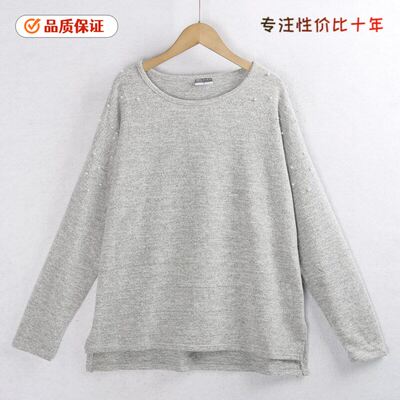 2188珍珠针织衫 春秋圆领珠子大码混色开叉百搭长袖毛针织衫外贸