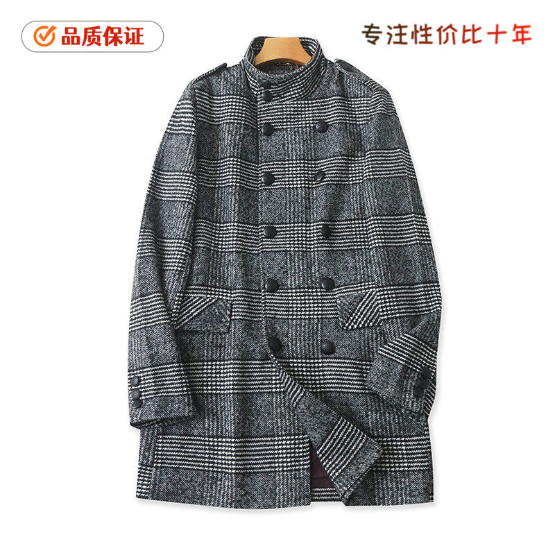 1528清仓 黑白格大衣 秋冬立领双排扣中长款外搭微厚毛呢外套外贸