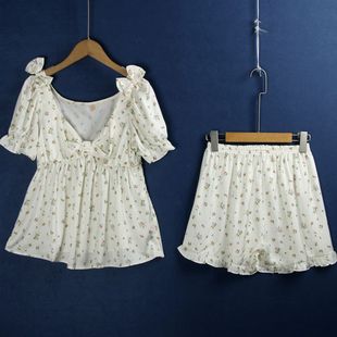 松紧花边阔腿短裤 1263碎花套装 衫 夏季 蝴蝶结v领甜美少女短袖