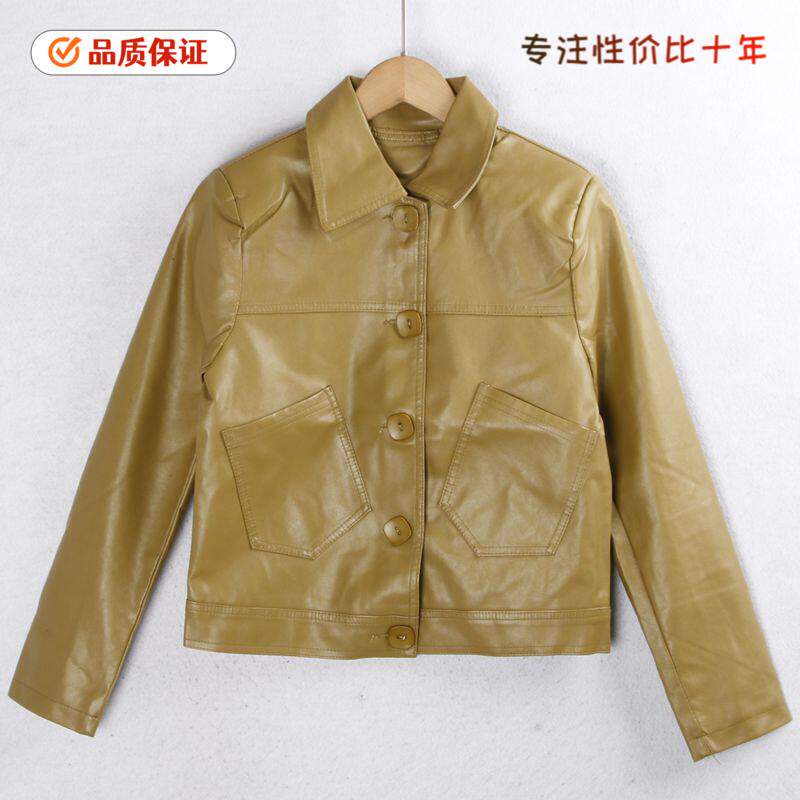 775PU皮衣 春季翻领纽扣斜口袋时尚纯色百搭机车服女装外贸尾单