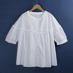 衫 1432花边衬衫 短袖 夏季 外贸女 圆领小纽扣100%棉纯白色显瘦大码