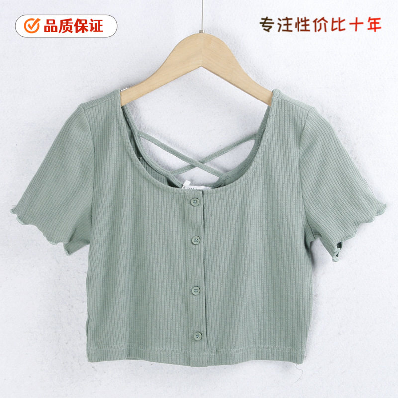 1317针织T恤 夏季透气圆领后交叉时尚花边袖短款弹力衫女T外贸