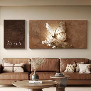 中古风蝴蝶客厅装饰画沙发背景墙挂画轻奢高级感双联黑白艺术壁画