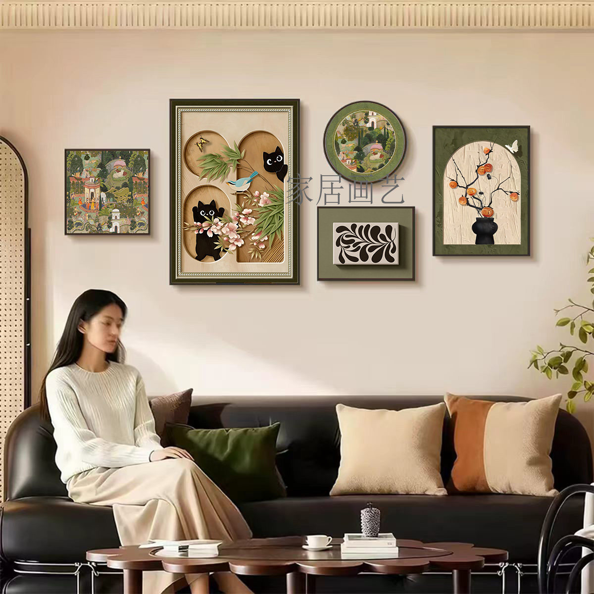 中古风绿色客厅装饰画法式复古沙发背景墙挂画高级感大气组合壁画