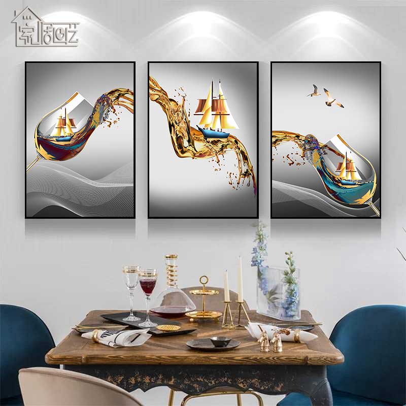 创意酒杯餐厅装饰画酒吧饭店饭厅餐桌挂画北欧现代三联画壁画墙画图片