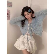 两件套装2025秋冬新款茶里茶气别致毛衣外套女开衫+蕾丝吊带+短裙