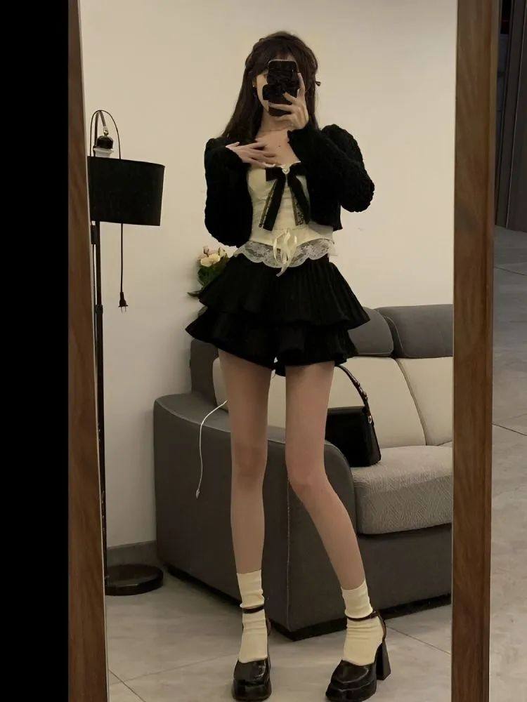 裙子套装夏季新款短款开衫+蝴蝶结蕾丝吊带+黑色半身短裙裤三件套,女装/女士精品,时尚套装,淘宝优惠券,粉丝福利购,淘宝优惠卷