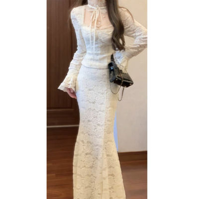 蕾丝上衣鱼尾包臀半身长裙两件套