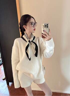 毛衣女冬季高腰阔腿短裤两件套