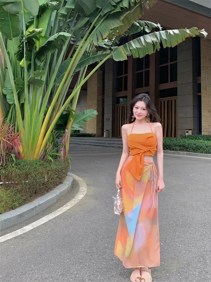 橙色挂脖吊带纯欲背心辣妹修身短款无袖上衣中长款性感绑带半身裙图片