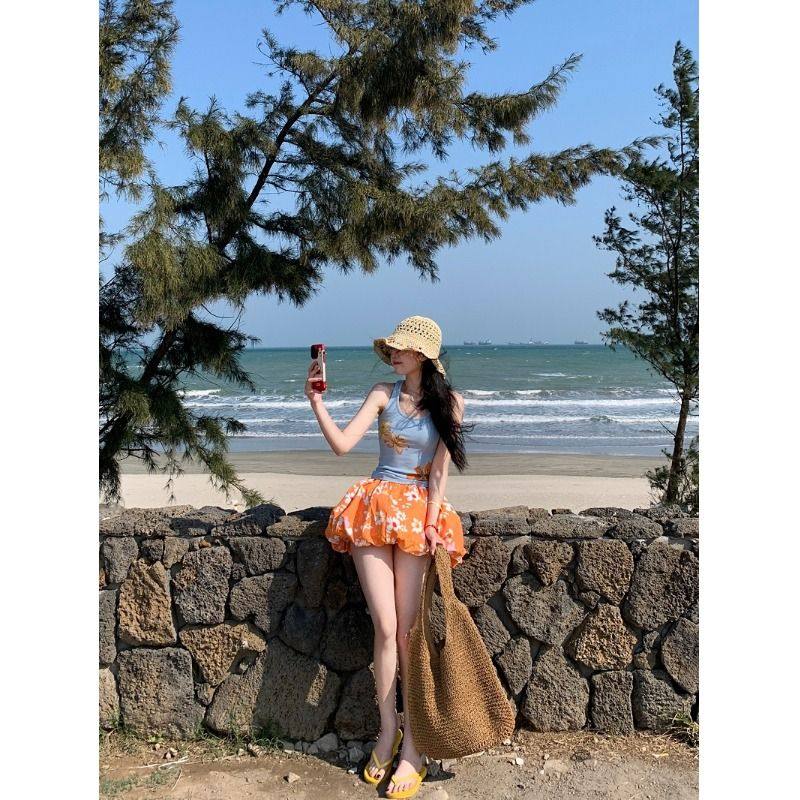 2025新款度假风套装女复古印花吊带背心夏季高腰半身裙短裙两件套