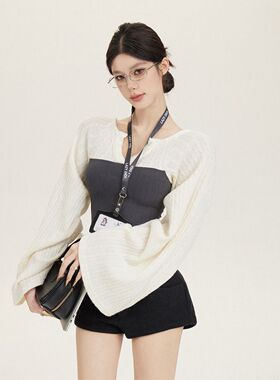 cchun纯子  海妖风设计感迷人直角肩撞色温柔显瘦针织打底上衣