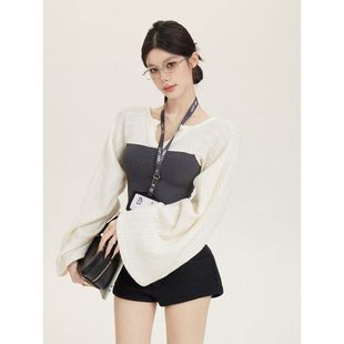 cchun纯子 海妖风设计感迷人直角肩撞色温柔显瘦针织打底上衣