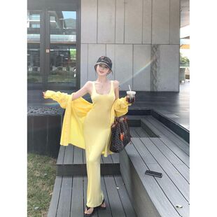 黄色polo领长袖衬衫外套女夏季休闲套装吊带连衣裙鱼尾长裙两件套