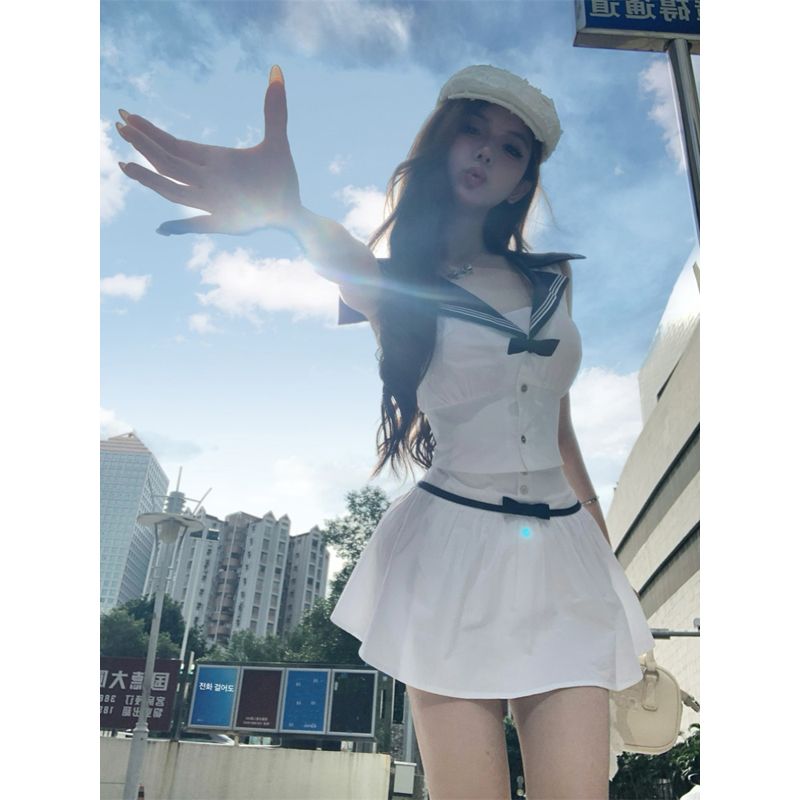 学院风穿搭套装海军领无袖衬衫上衣女夏季高腰a字半身裙子两件套