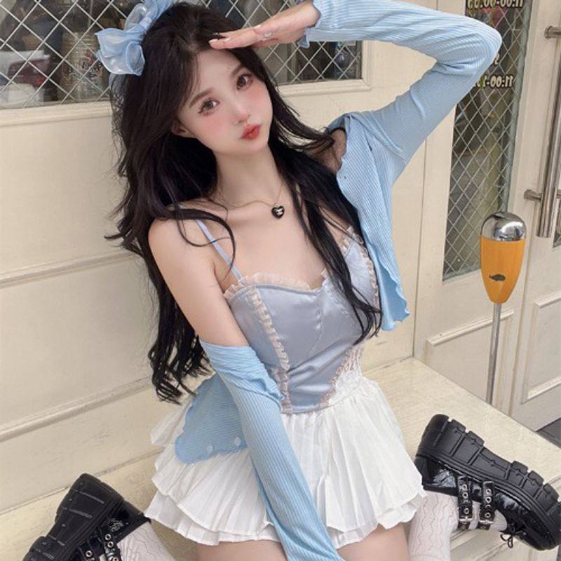 夏季纯欲辣妹设计感荷叶边开衫外套女短款蕾丝吊带高腰短裙三件套,女装/女士精品,时尚套装,淘宝优惠券,粉丝福利购,淘宝优惠卷