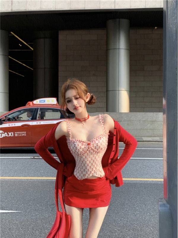 爱心网纱吊带背心女夏季内搭鱼骨胸衣修身短款上衣开衫短裙三件套,女装/女士精品,时尚套装,淘宝优惠券,粉丝福利购,淘宝优惠卷