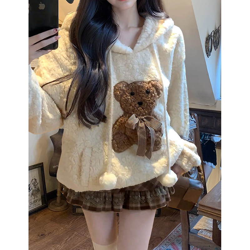 饼干小熊 冬装新款甜美风加厚连帽卫衣外套学院风蛋糕短裙两件套
