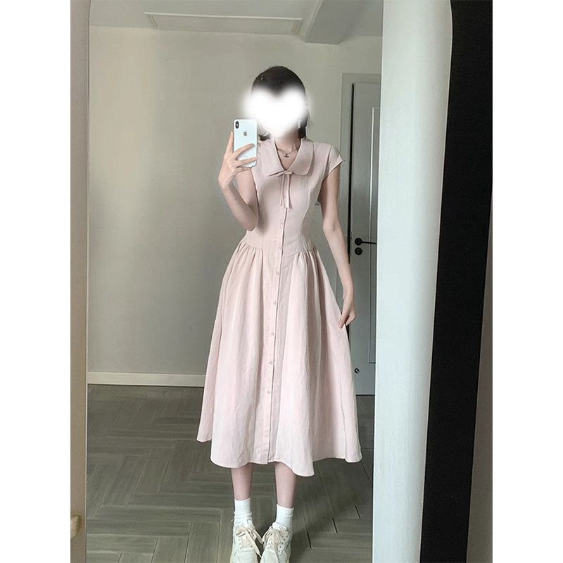 学院风粉色甜美系带连衣裙女夏季