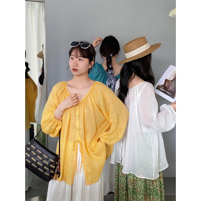 江左 会呼吸的防晒 100苎麻长袖灯笼袖衬衫女26夏两面穿小衫6521