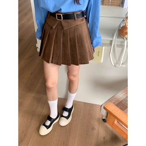 3th Morning 韩女学院感 复古麂皮绒高腰A字百褶短裙ZY4521
